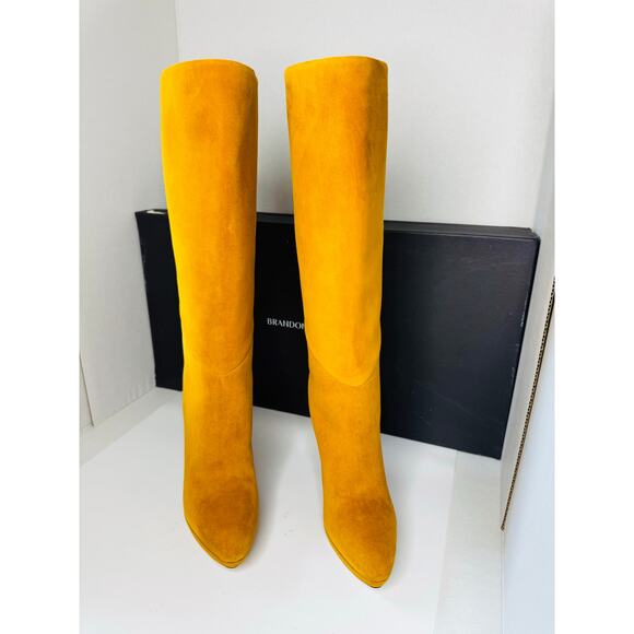 Brandon Maxwell Camel Suede Knee High Boots Sz 39 US 9 Sculptural Metallic Heel - Picture 6 of 9